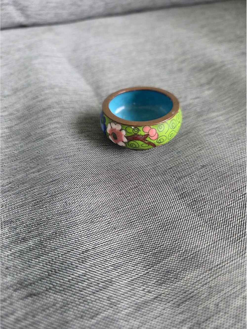 Colorful Floral Cloisonné Enamel Ring with Blue Interior
